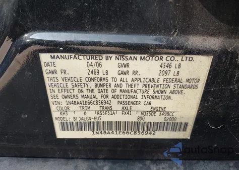 2006 Nissan Maxima 3.5 Sl from USA, damaged, VIN 1N4BA41E66C856942
